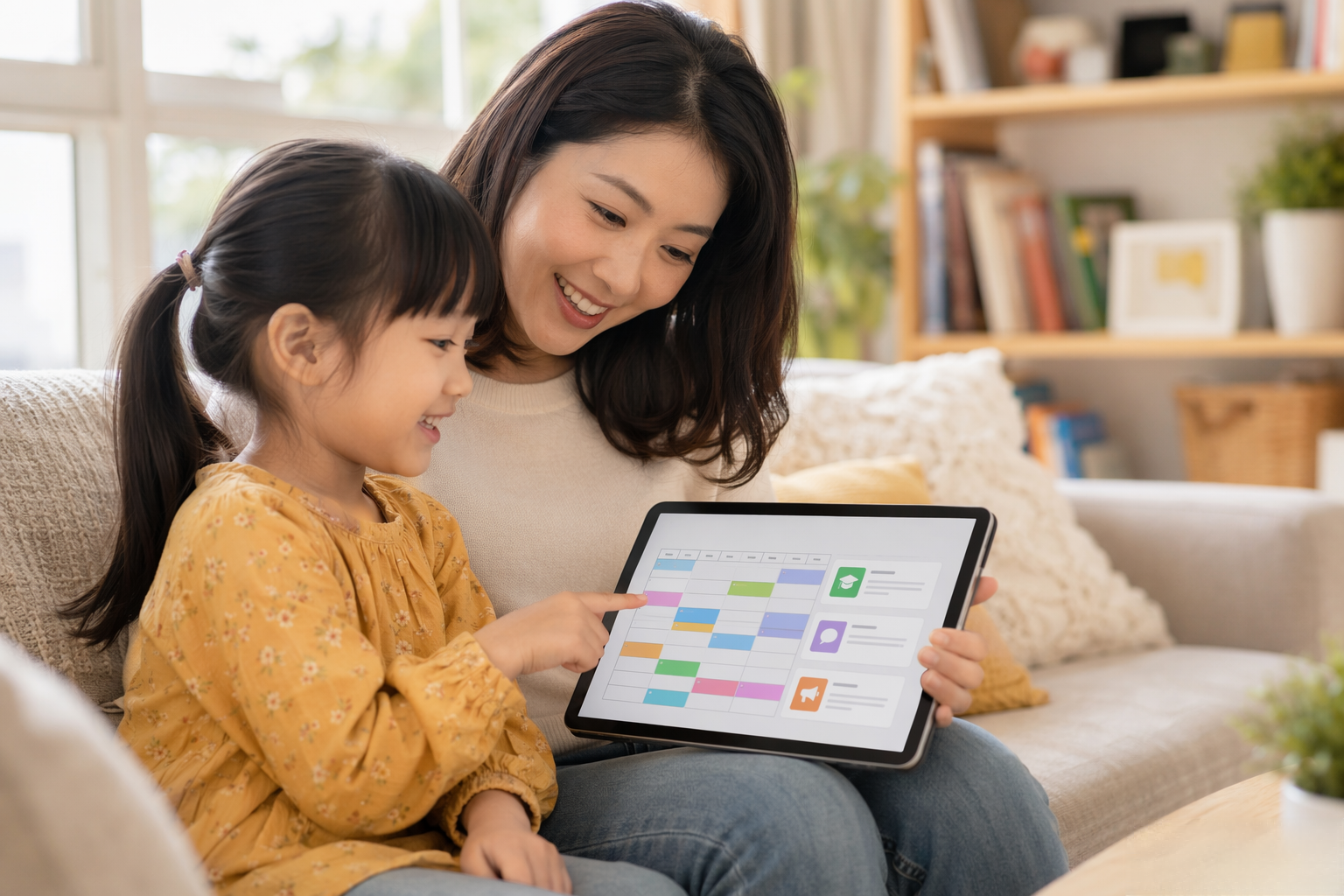 Mother and daughter reading school notifications on a tablet
